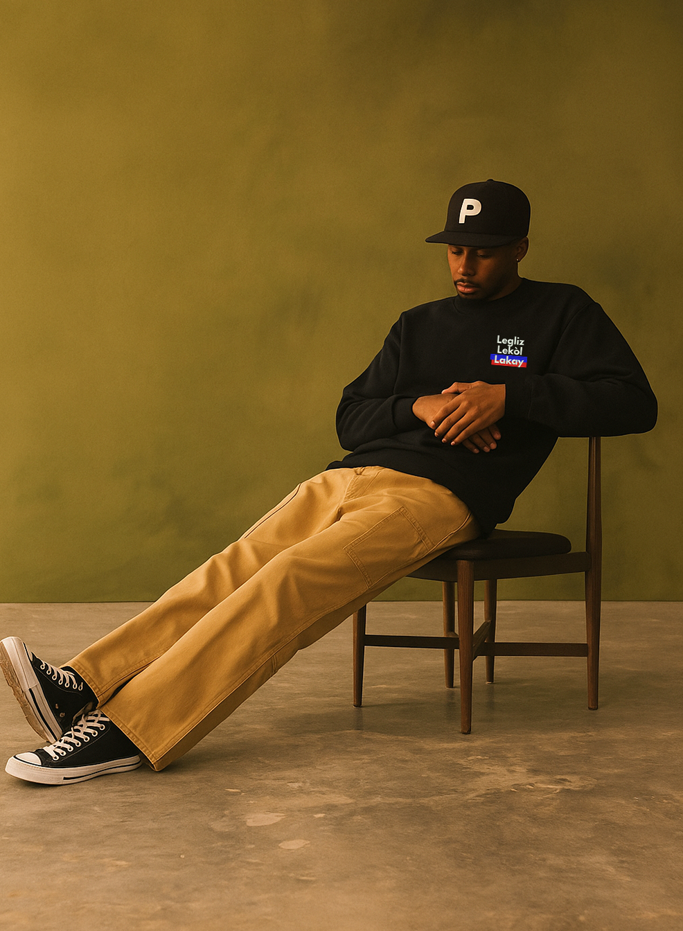 Person wearing a black legliz lekol lakay sweatshirt and beige pants sitting on a chair against a green wall.
